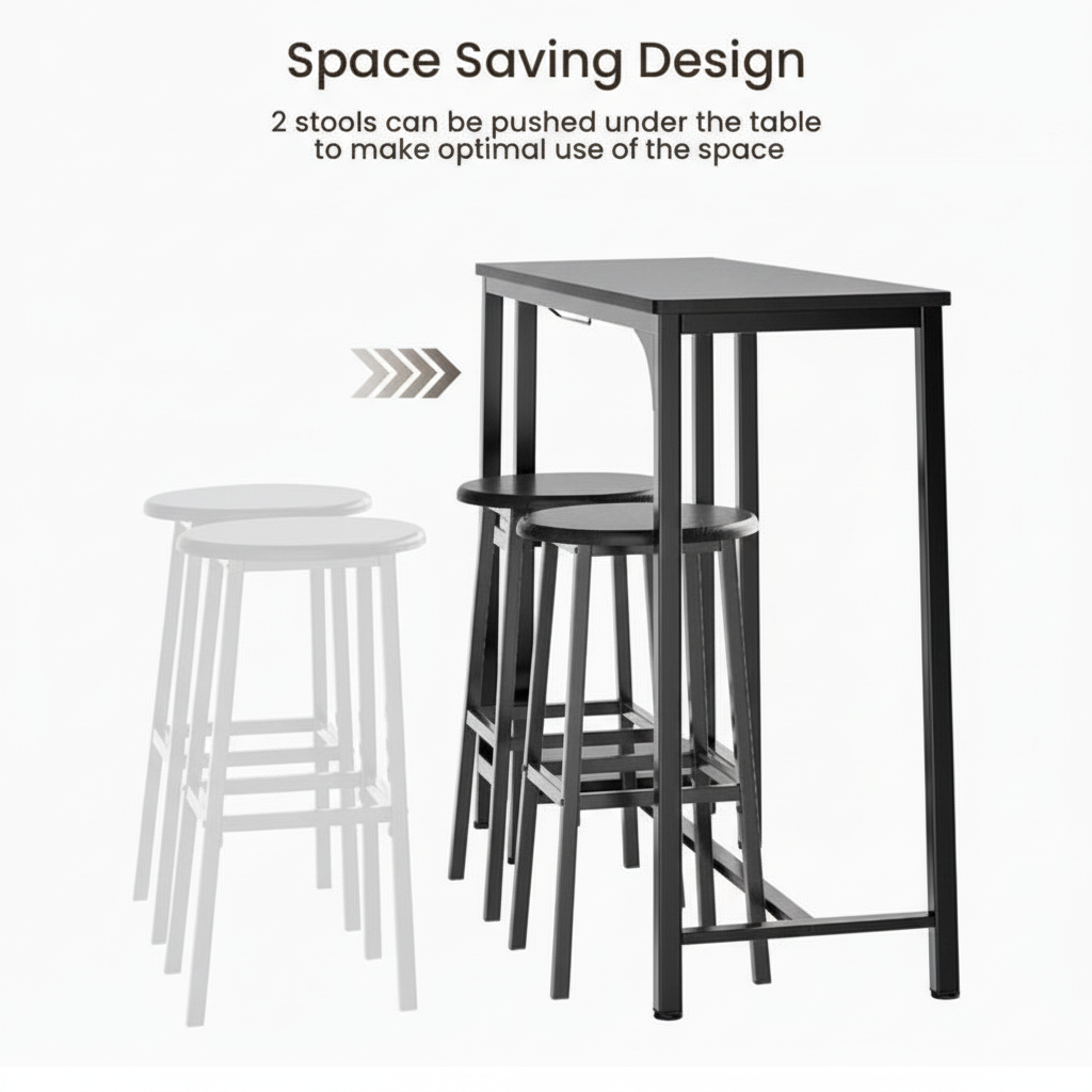 Mesa de Bar con 2 Taburetes – Diseño Industrial Negro