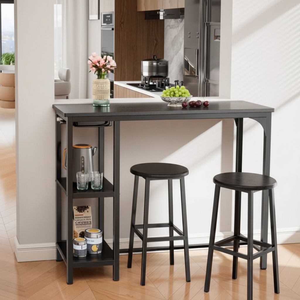 Mesa de Bar con 2 Taburetes – Diseño Industrial Negro