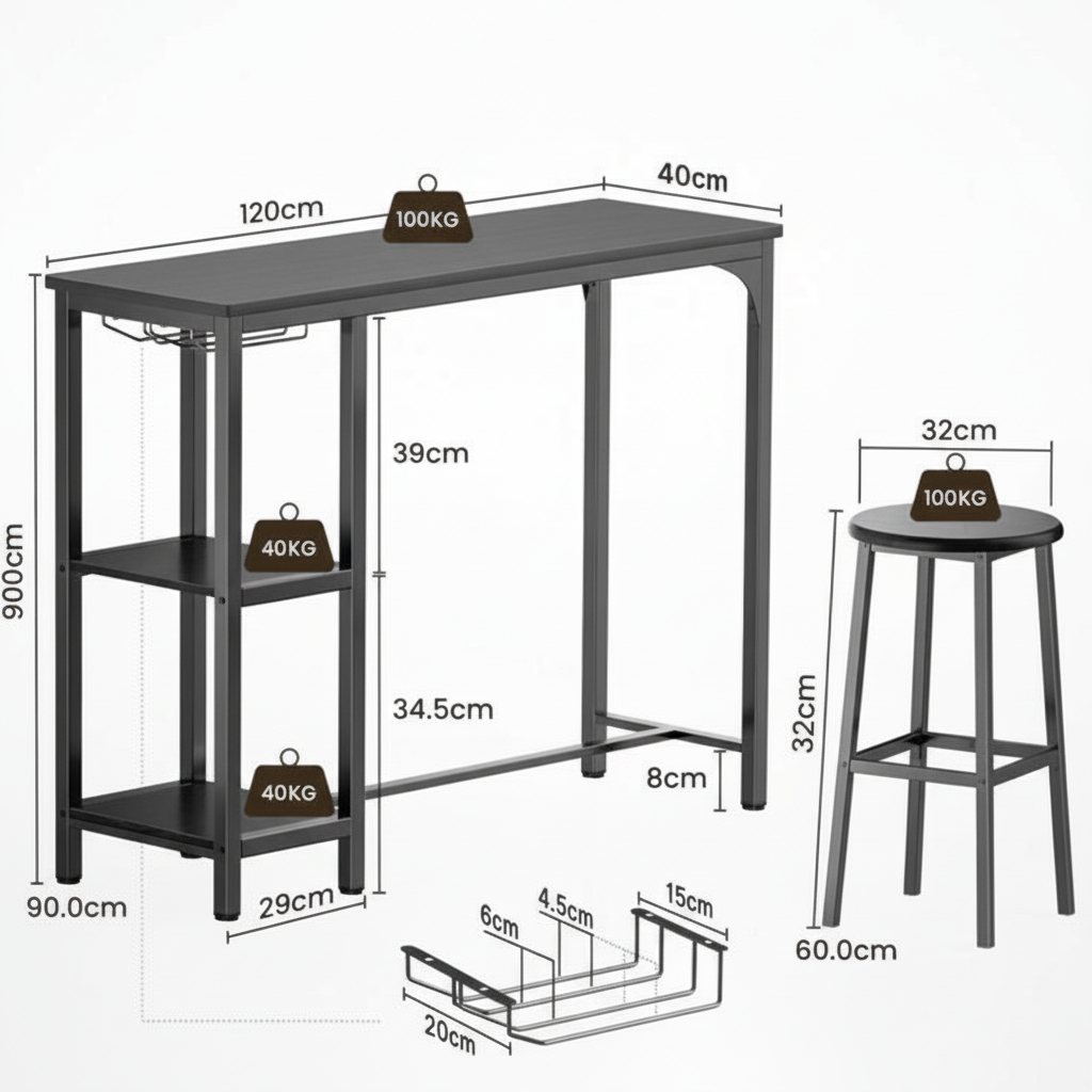 Mesa de Bar con 2 Taburetes – Diseño Industrial Negro