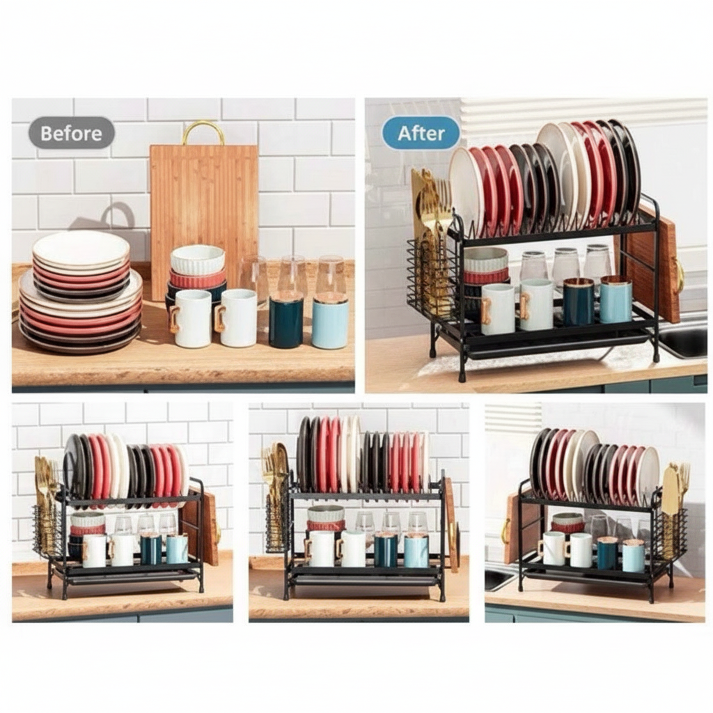 Escurreplatos 2 Niveles con Bandeja Antigoteo – Negro