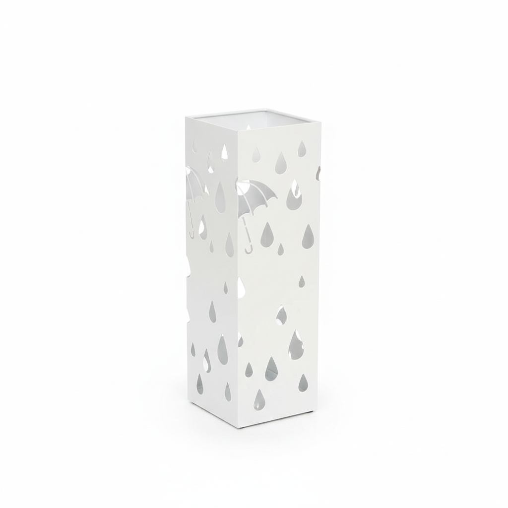 Paragüero Metálico Blanco con Diseño de Paraguas y Gotas