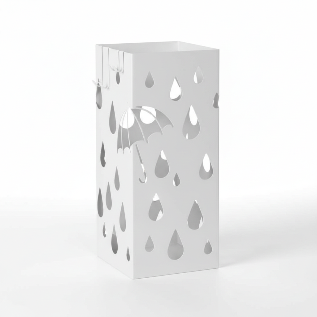 Paragüero Metálico Blanco con Diseño de Paraguas y Gotas
