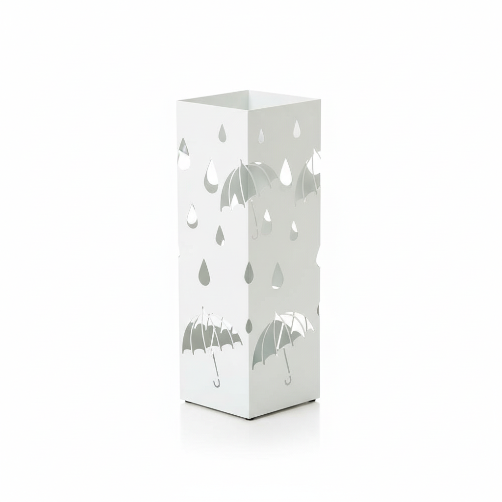 Paragüero Metálico Blanco con Diseño de Paraguas y Gotas