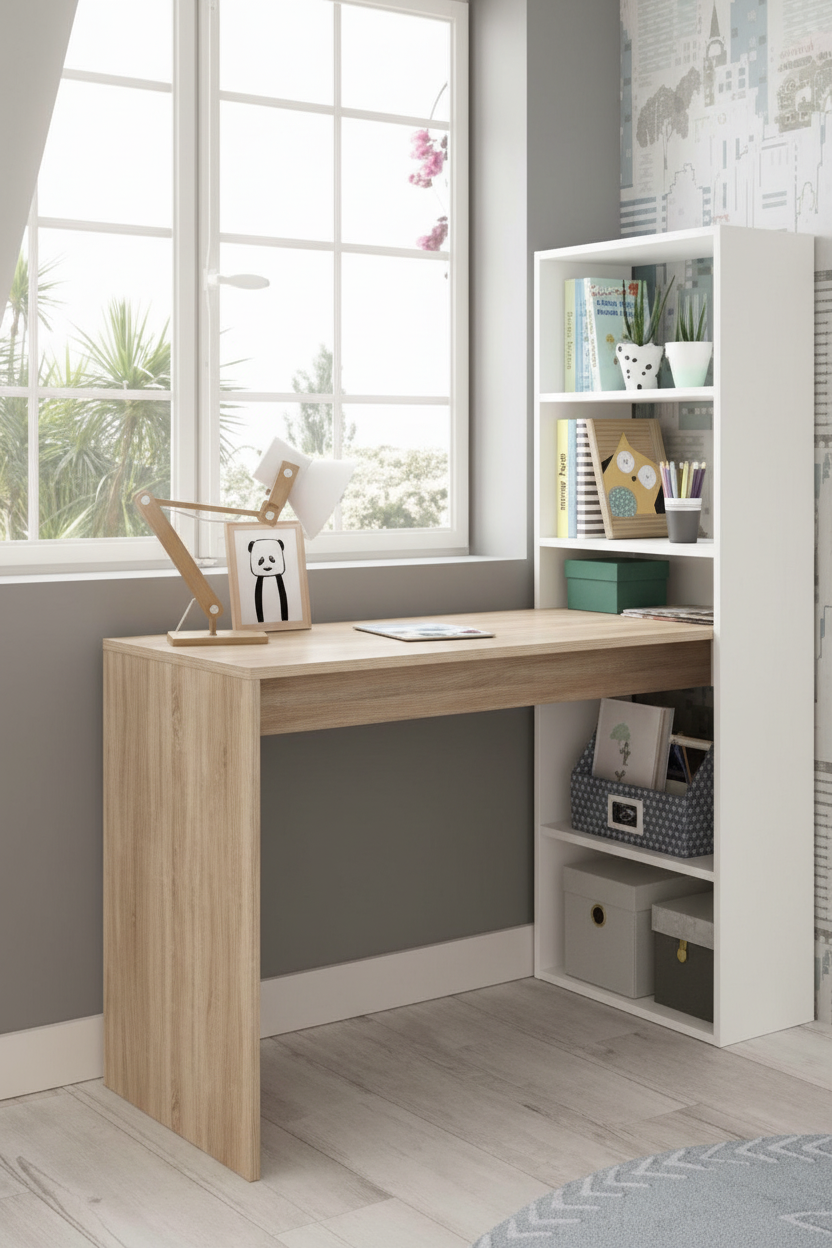 Escritorio con Librería Integrada Roble y Blanco